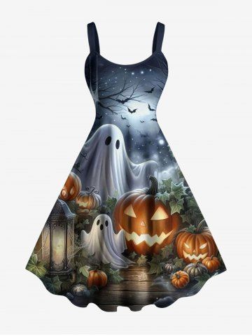 Halloween Pumpkin Ghost Spider Web Bat Print Tank Dress(Adjustable Shoulder Strap) - LIGHT GRAY - 3X