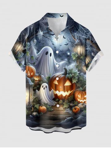 Halloween Pumpkin Ghost Spider Web Bat Print Buttons Pocket Shirt For Men - LIGHT GRAY - 6XL
