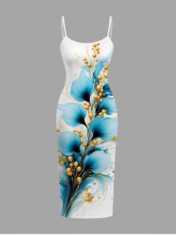 Flower Leaf Metallic Print Hawaii Fitted Dress - WHITE - 5X