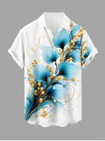 Chemise hawaïenne pour homme avec imprimé métallique fleurs et feuilles, boutons et poche - WHITE - XL