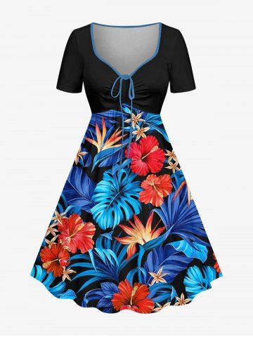 Robe hawaïenne cintrée à imprimé fleurs d'hibiscus et feuilles tropicales - BLUE - 6X