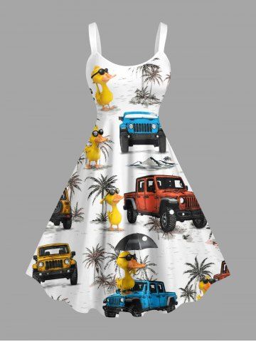 Coconut Tree Ducks Cars Print Hawaii Tank Dress(Adjustable Shoulder Strap) - WHITE - 5X