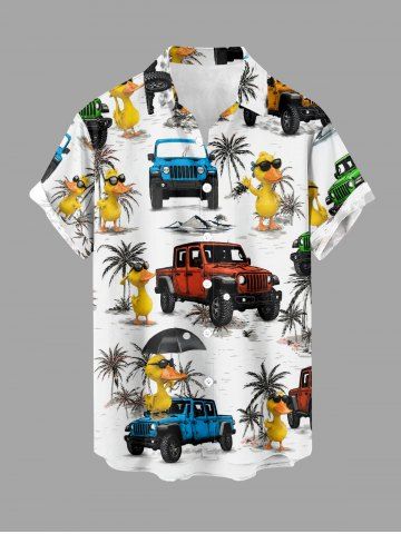 Coconut Tree Ducks Cars Print Buttons Pocket Hawaii Shirt For Men - WHITE - M