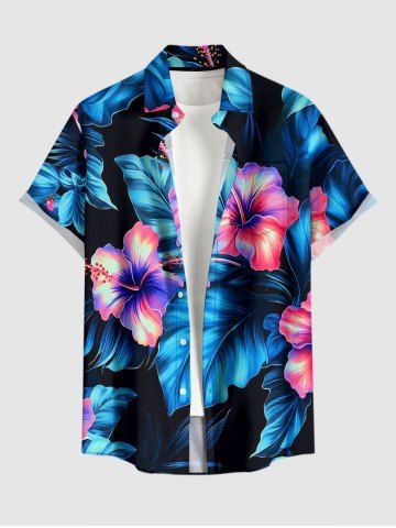 Chemise hawaïenne pour homme à imprimé fleurs d'hibiscus et feuilles, avec boutons et poche - LAKE BLUE - XL