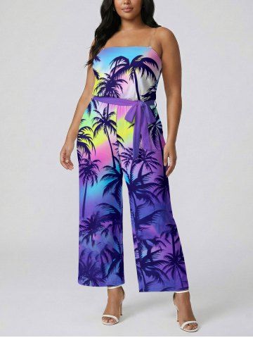 Coconut Tree Colorful Sky Print Pocket Hawaii Jumpsuit With Removable Belt and Shoulder Straps - PURPLE - XXS