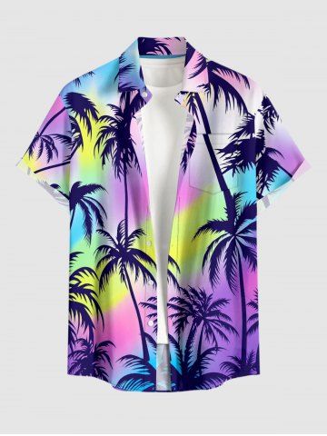 Chemise hawaïenne pour homme à imprimé cocotiers et ciel coloré, avec boutons et poche - PURPLE - XL