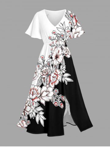 Flower Leaf Branch Print Hawaii Split Pocket A Line Midi Dress - WHITE - 5X