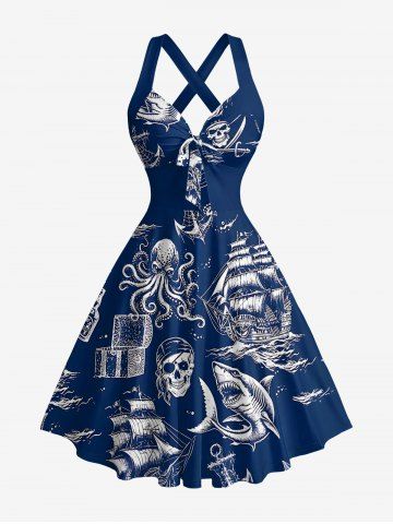 Robe trapèze à imprimé crânes, pirates, poulpes, requins, voiliers et ancres, style croisière à Hawaï, encolure halter croisée - CADETBLUE - S