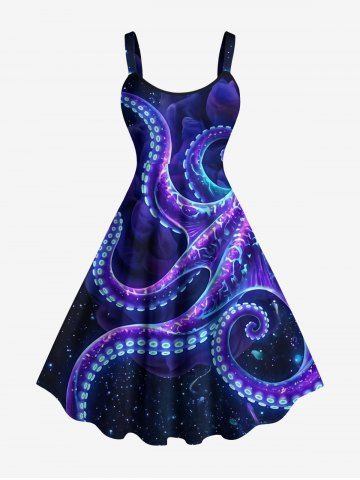 Glitter Octopus Galaxy Print Hawaii A Line Dress - PURPLE - 6X