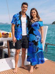 Flowers Leaf Glitter 3D Print Matching Hawaii Beach Outfit For Couples -  