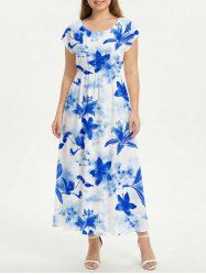 Flowers Watercolor Print Drop Shoulder Hawaii Midi Dress -  