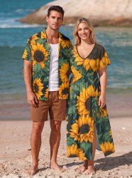 Sunflower Leaf Print Matching Hawaii Beach Outfit For Couples -  