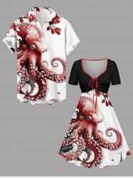 Octopus Flower Print Matching Hawaii Beach Outfit For Couples -  