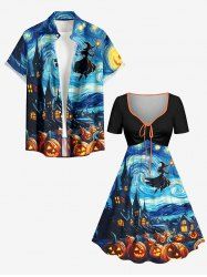 Tenue assortie pour couples - imprimé Halloween peinture château de citrouille sorcier galaxie - Bleu profond 