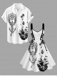 Tenue de plage hawaïenne assortie pour couple avec imprimé cocotier, ancre, vagues et bateau de croisière - Blanc 