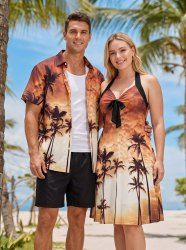 Coconut Tree Ombre Sky Print Matching Hawaii Beach Outfit For Couples -  