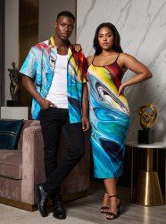 Mable Tenue de plage hawaïenne assortie à motif courant océanique pour couples - Pers 
