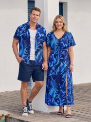 Tenue de plage hawaïenne assortie pour couples - Impression 3D pailletée de fleurs d'hibiscus et de feuilles tropicales - Bleu 