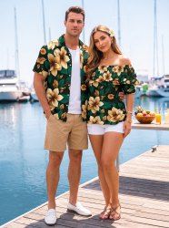Tenue de plage hawaïenne assortie pour couples à imprimé fleurs et feuilles - Turquoise Foncée 