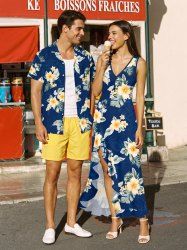 Hibiscus Flower Tropical Leaf Print Matching Hawaii Beach Outfit For Couples -  