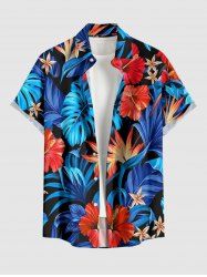 Chemise hawaïenne pour homme à imprimé fleurs d'hibiscus et feuilles tropicales, avec boutons et poche - Bleu 5XL