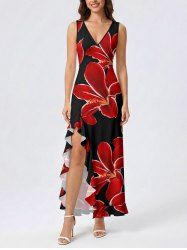Robe portefeuille hawaïenne à imprimé floral, avec volants et fente - Rouge Vineux XS