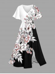 Flower Leaf Branch Print Hawaii Split Pocket A Line Midi Dress -  