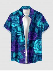 Chemise hawaïenne homme à boutons et poche, imprimé fleurs de rose et feuilles - Bleu profond 2XL