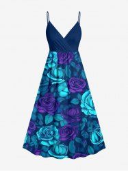 Robe portefeuille trapèze hawaïenne à imprimé de roses et de feuilles - Bleu profond 6X