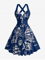 Robe en A à encolure haltère croisée avec un imprimé de croisière hawaïenne (crânes, pirate, pieuvre, requin, voilier et ancre) - Cadetblue M