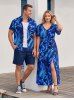 Tenue de plage hawaïenne assortie pour couples - Impression 3D pailletée de fleurs d'hibiscus et de feuilles tropicales - Bleu 
