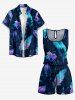 Tenue de plage assortie pour couple : chemise hawaïenne et combinaison short à imprimé fleurs, ombré et plumes - Cadetblue 