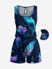 Tenue de plage assortie pour couple : chemise hawaïenne et combinaison short à imprimé fleurs, ombré et plumes - Cadetblue 