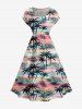 Coconut Tree Tropical Leaf Colorful Cloud Print Drop Shoulder Hawaii Midi Dress -  
