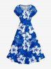 Robe mi-longue hawaïenne à imprimé feuilles tropicales et fleurs d'hibiscus, épaules tombantes - Bleu 1X