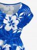 Robe mi-longue hawaïenne à imprimé feuilles tropicales et fleurs d'hibiscus, épaules tombantes - Bleu 1X