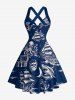 Robe en A à encolure haltère croisée avec un imprimé de croisière hawaïenne (crânes, pirate, pieuvre, requin, voilier et ancre) - Cadetblue M