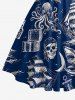 Robe en A à encolure haltère croisée avec un imprimé de croisière hawaïenne (crânes, pirate, pieuvre, requin, voilier et ancre) - Cadetblue M