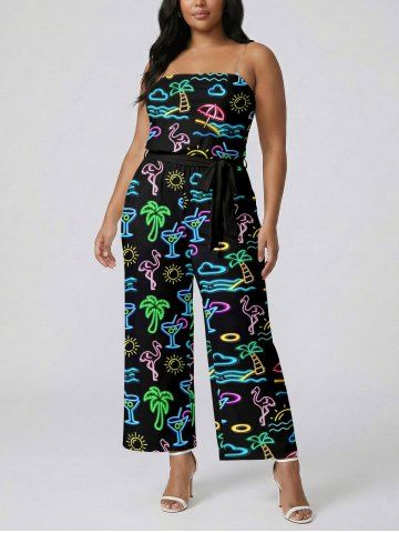 Glitter Neon Coconut Tree Flamingo Juice Print Hawaii Pocket Jumpsuit with Removable Belt and Shoulder Strap - BLACK - XXS