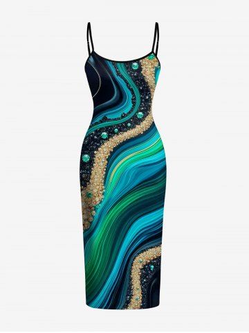 Fluid Curve Painting Print Hawaii Dress - DARK TURQUOISE - S