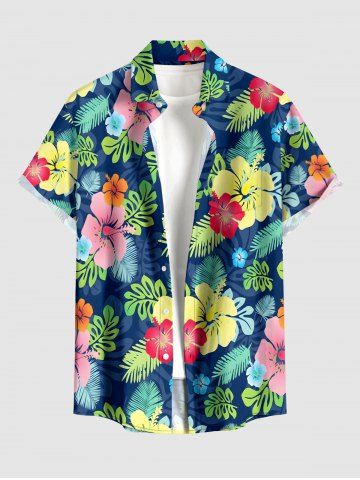 Chemise hawaïenne pour homme à imprimé feuilles tropicales et fleurs d'hibiscus, avec boutons et poche - GREEN - M