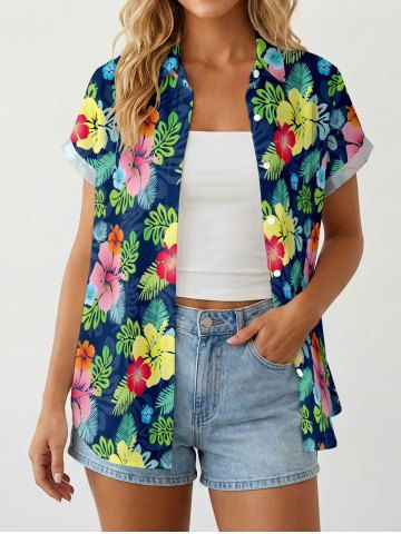 Chemise hawaïenne à boutons pour femme, imprimé feuilles tropicales et fleurs d'hibiscus - GREEN - 3XL