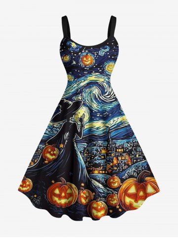 Halloween Pumpkin Moon Swirl Wizard Print Tank Dress(Adjustable Shoulder Strap) - MIDNIGHT BLUE - XS
