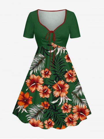 Robe hawaïenne cintrée à imprimé fleurs d'hibiscus et feuilles tropicales - DEEP GREEN - 3X