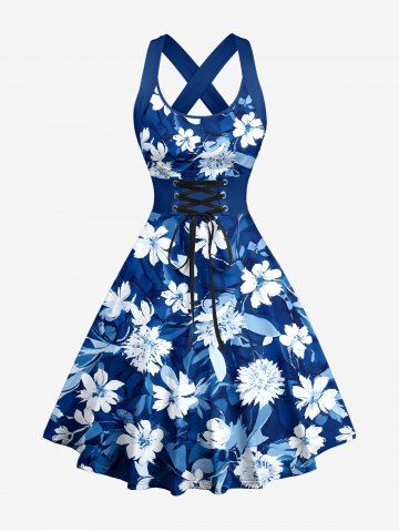 Flowers Leaf Print Crisscross Straps Bowknot Hawaii Tank Dress - BLUE - XXXL
