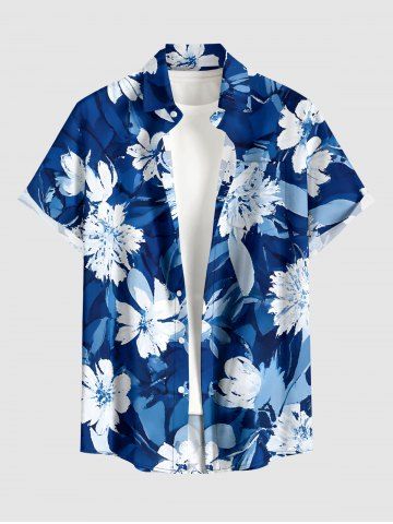 Flowers Leaf Print Buttons Pocket Hawaii Shirt For Men - BLUE - XL