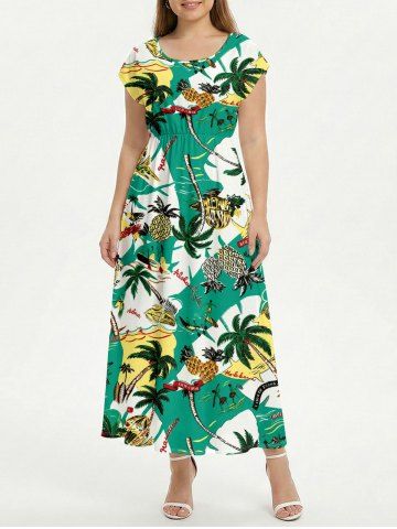 Robe mi-longue Hawaï à imprimé cocotier, ananas et feuilles tropicales, épaules tombantes - EMERALD - 3X
