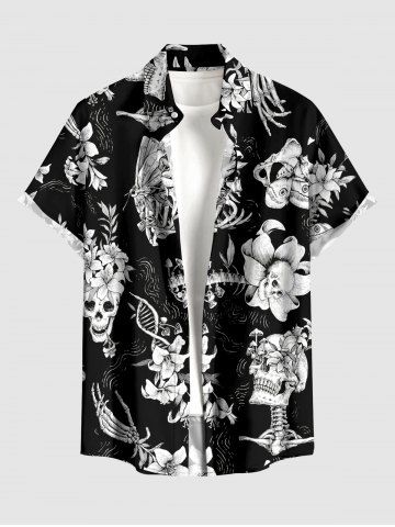 Chemise homme à imprimé crânes, squelettes, fleurs et papillons, avec poche boutonnée - BLACK - XL