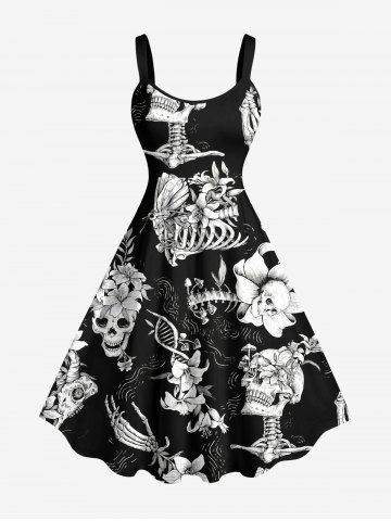 Skulls Skeleton Flower Butterfly Print A Line Dress - BLACK - XXS