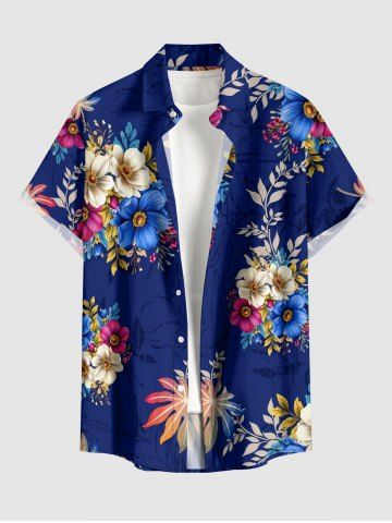 Chemise homme hawaïenne à imprimé fleurs, feuilles et branches, à boutons et poche - CADETBLUE - L